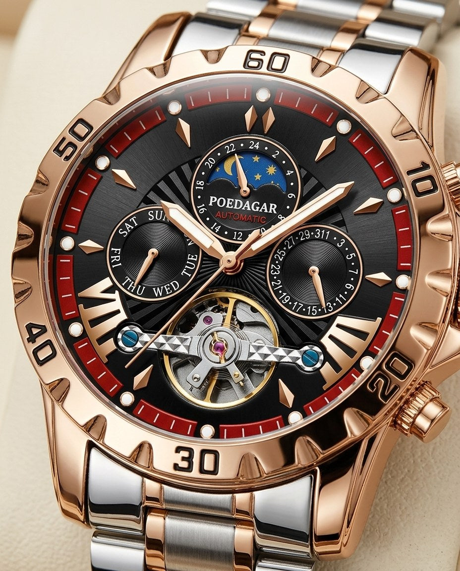 Eclipse Tourbillon-Style Automatic Gold case, Black dial dial close-up