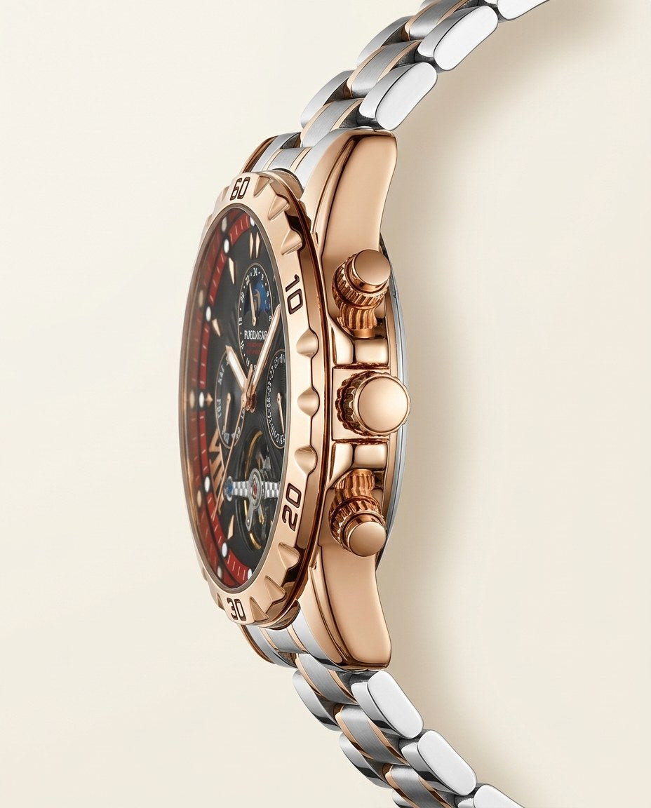 Eclipse Tourbillon-Style Automatic Gold case, Black dial crown side