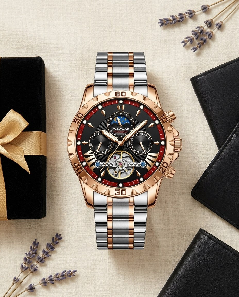 Eclipse Tourbillon-Style Automatic Gold case, Black dial flat lay