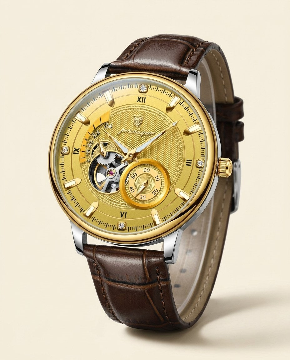 Royal Open-Heart Automatic (Leather) Gold case, Gold dial