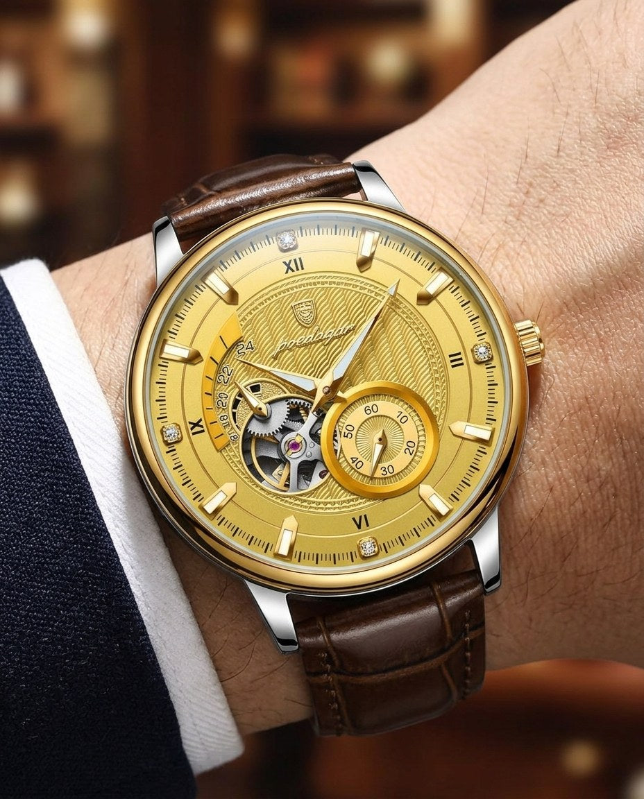 Royal Open-Heart Automatic (Leather) Gold case, Gold dial on the wrist