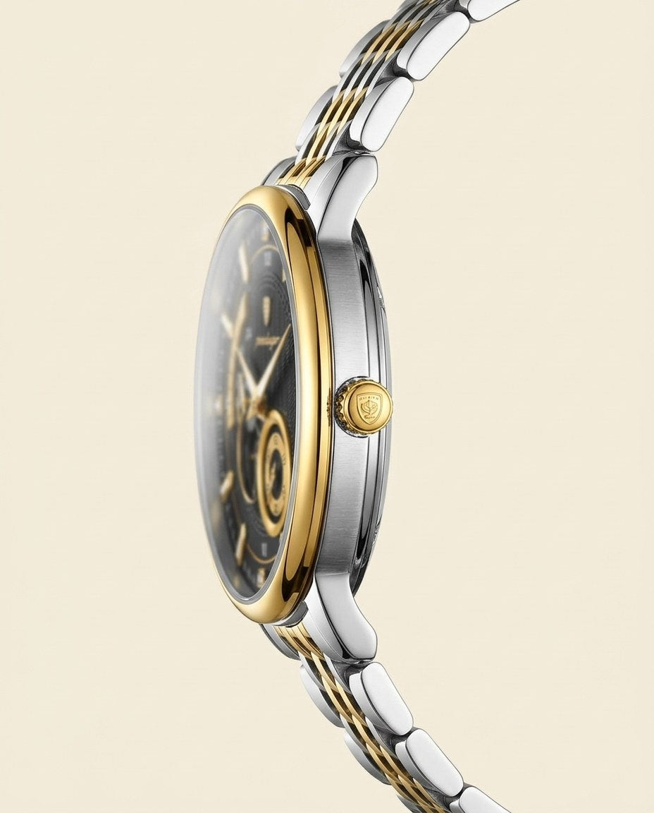 Royal Open-Heart Automatic (Steel) Gold case, Black dial crown side