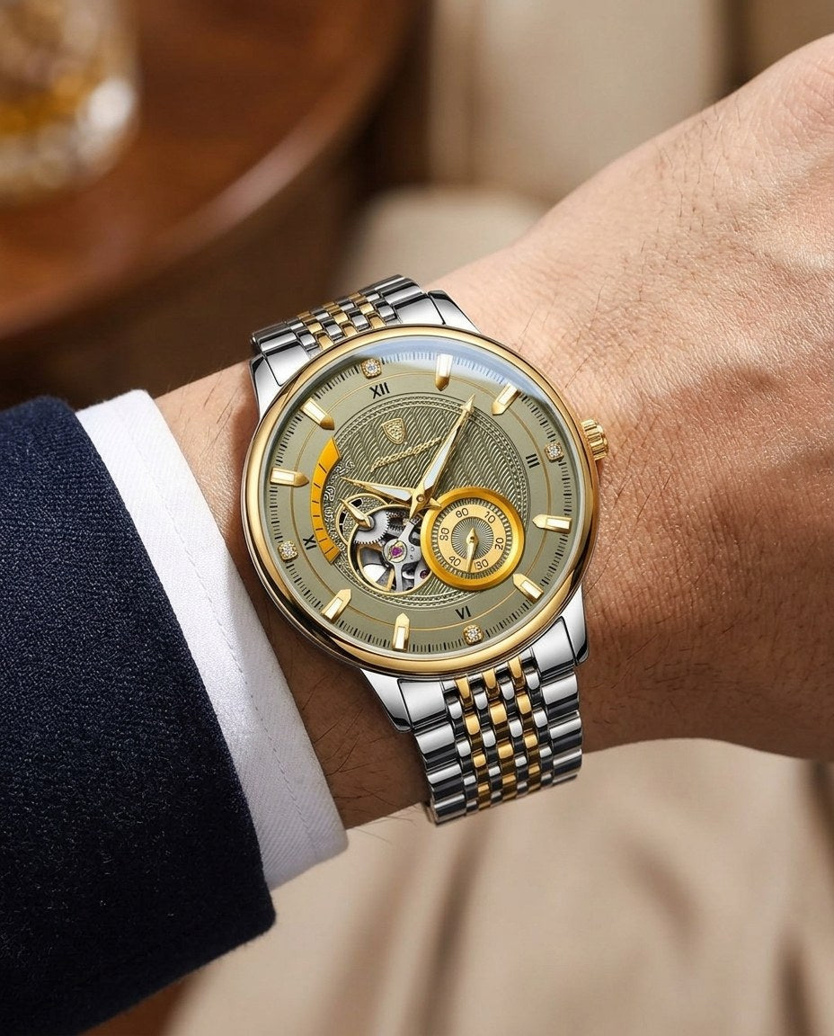 Royal Open-Heart Automatic (Steel) Gold case, Olive dial on the wrist