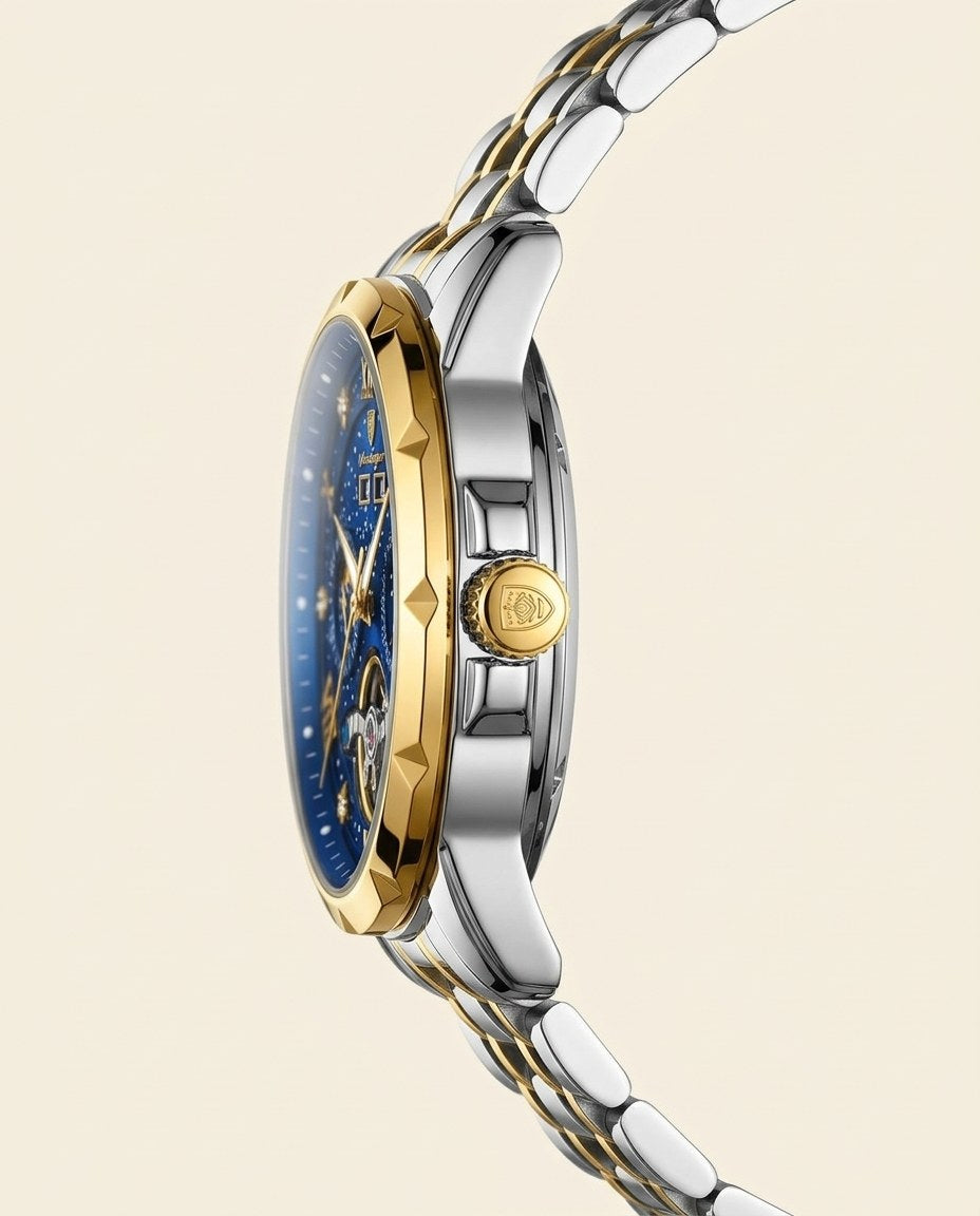 Starlight Open-Heart Automatic Gold case, Blue dial crown side