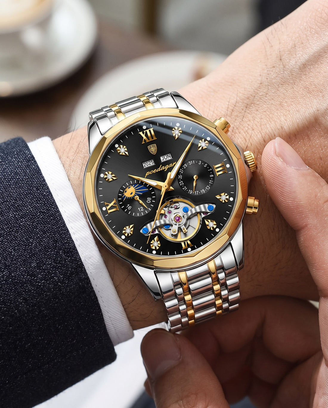Grand Open-Heart Automatic Gold case, Black dial on the wrist