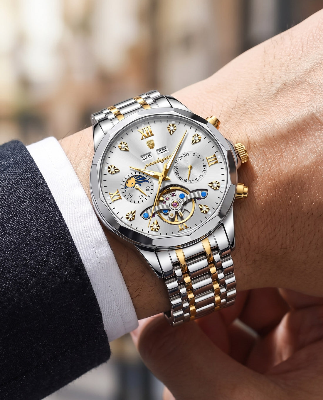 Grand Open-Heart Automatic Gold case, White dial on the wrist