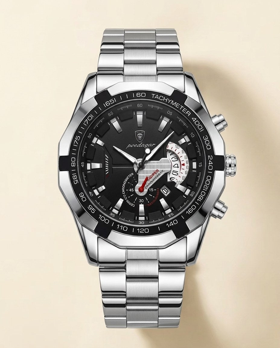 Turbo Tachymeter Sport Silver case, Black dial front