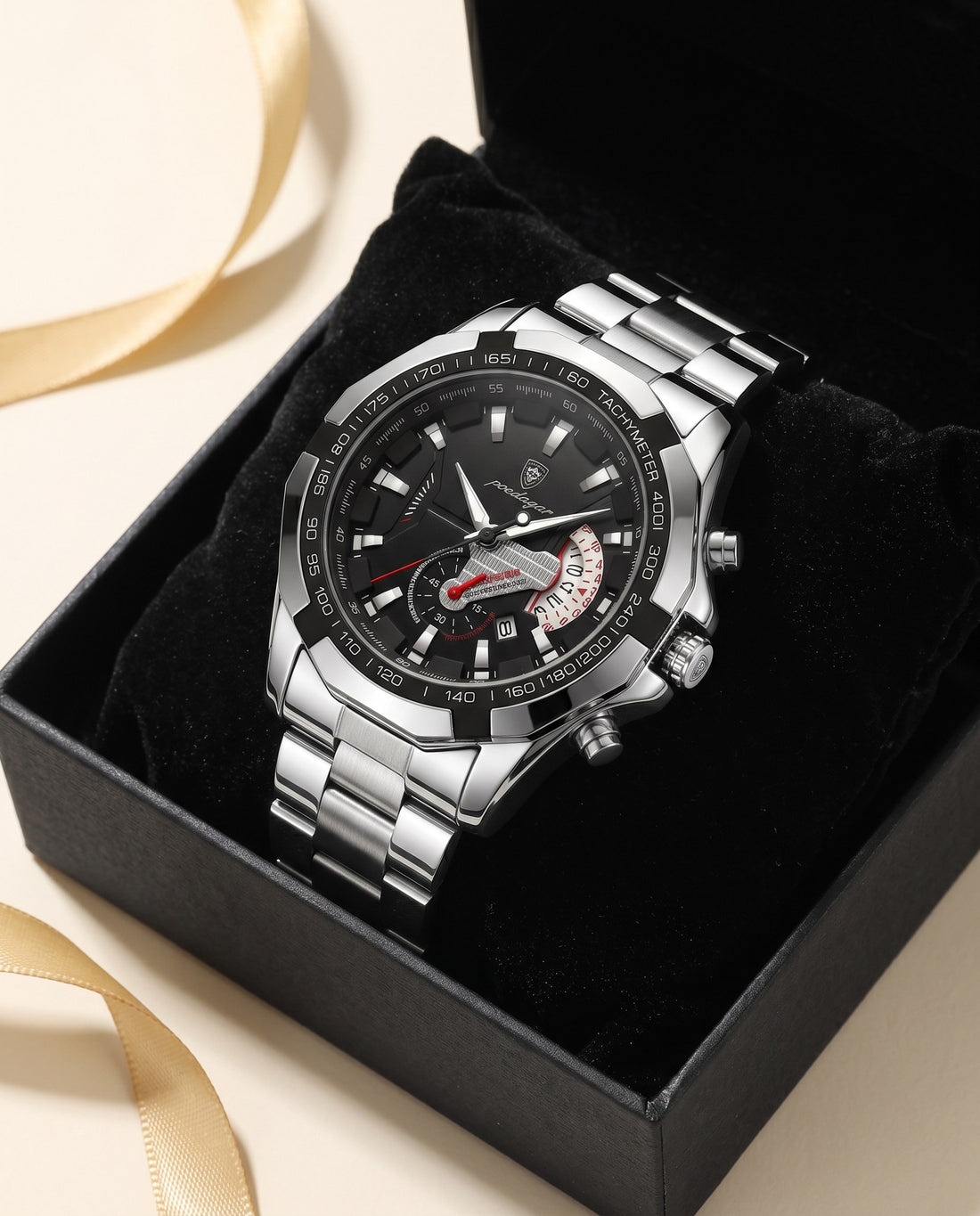 Turbo Tachymeter Sport Silver case, Black dial in the gift box