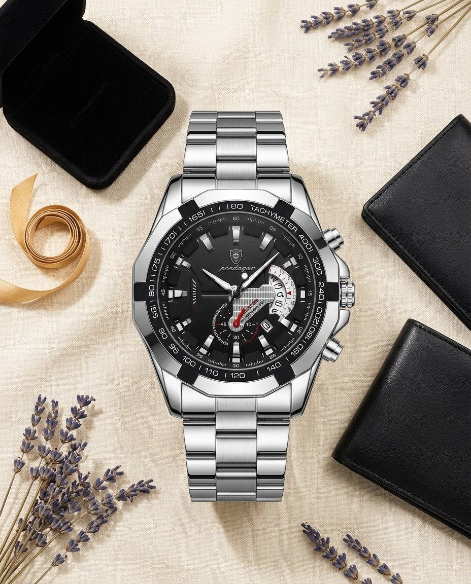 Turbo Tachymeter Sport Silver case, Black dial flat lay