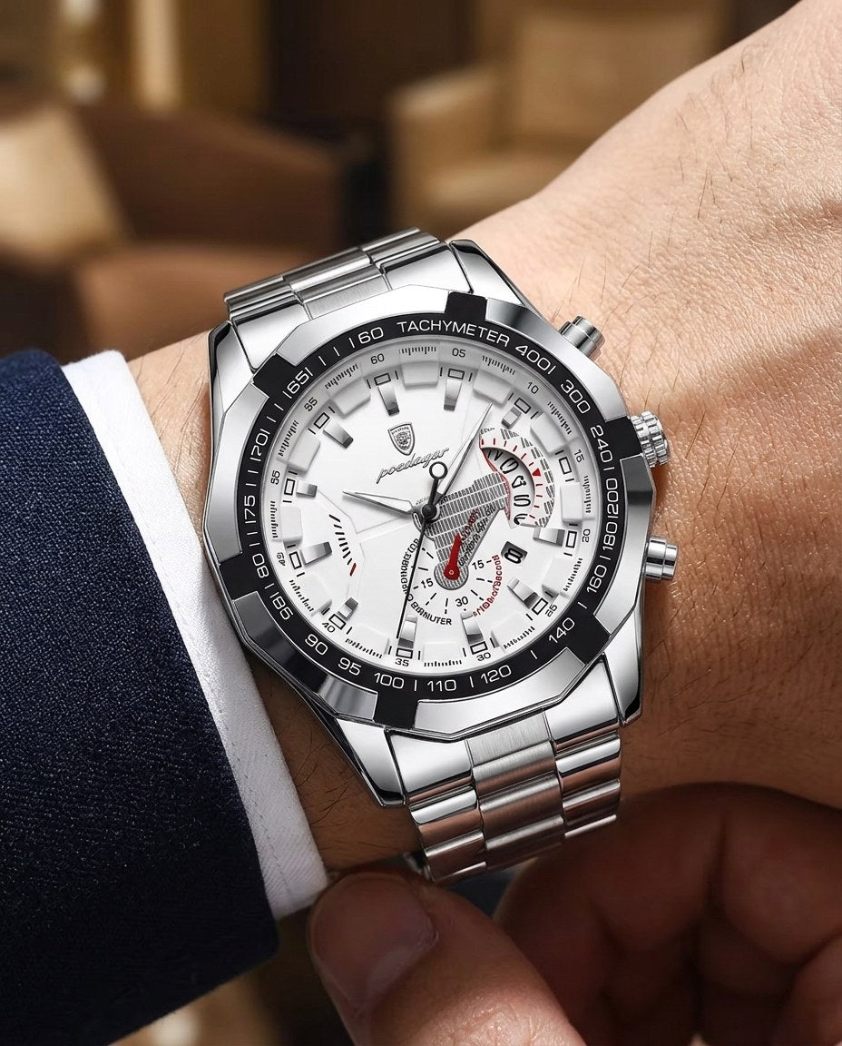 Turbo Tachymeter Sport Silver case, White dial on the wrist