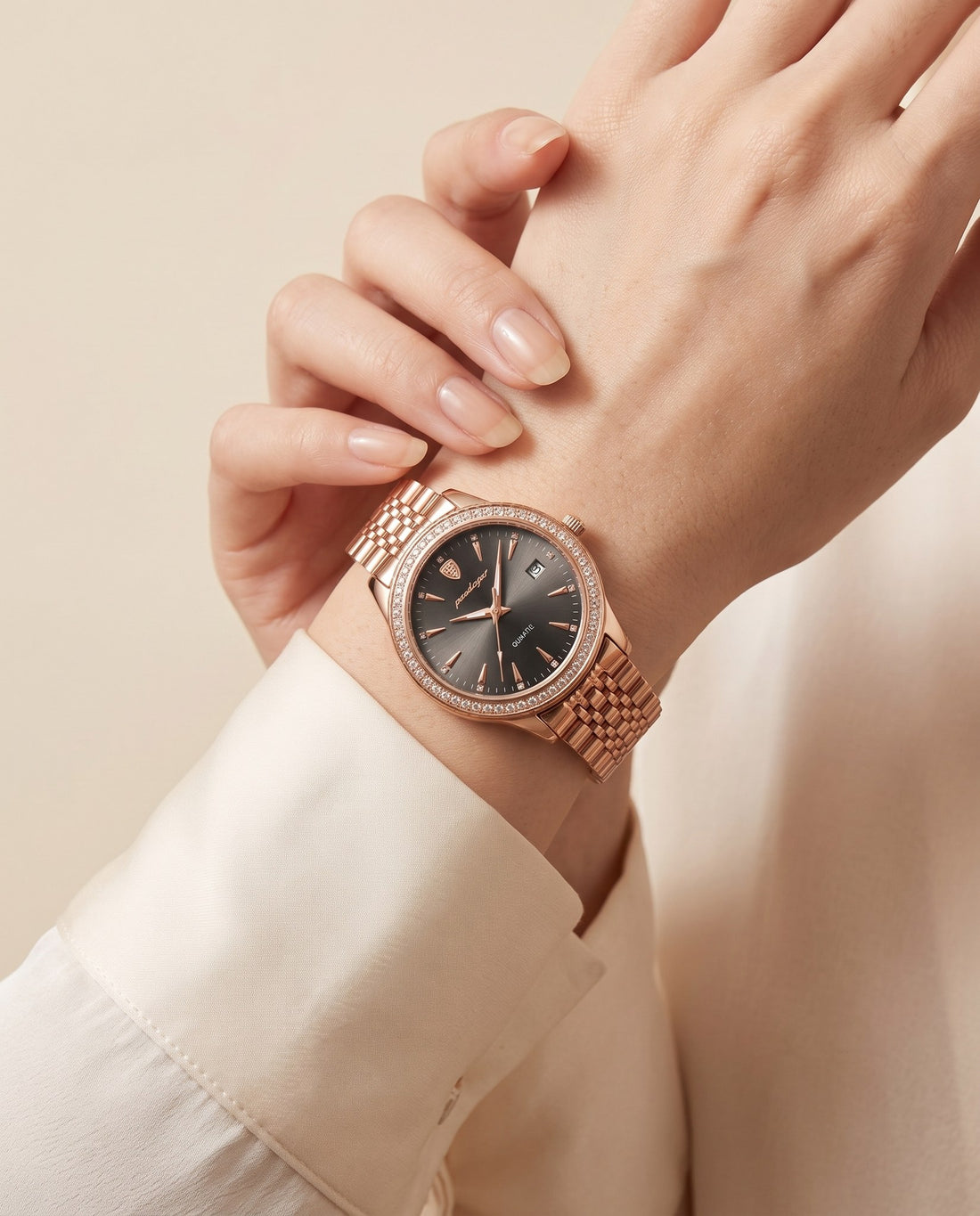Sparkle Crystal Ladies Black dial on the wrist