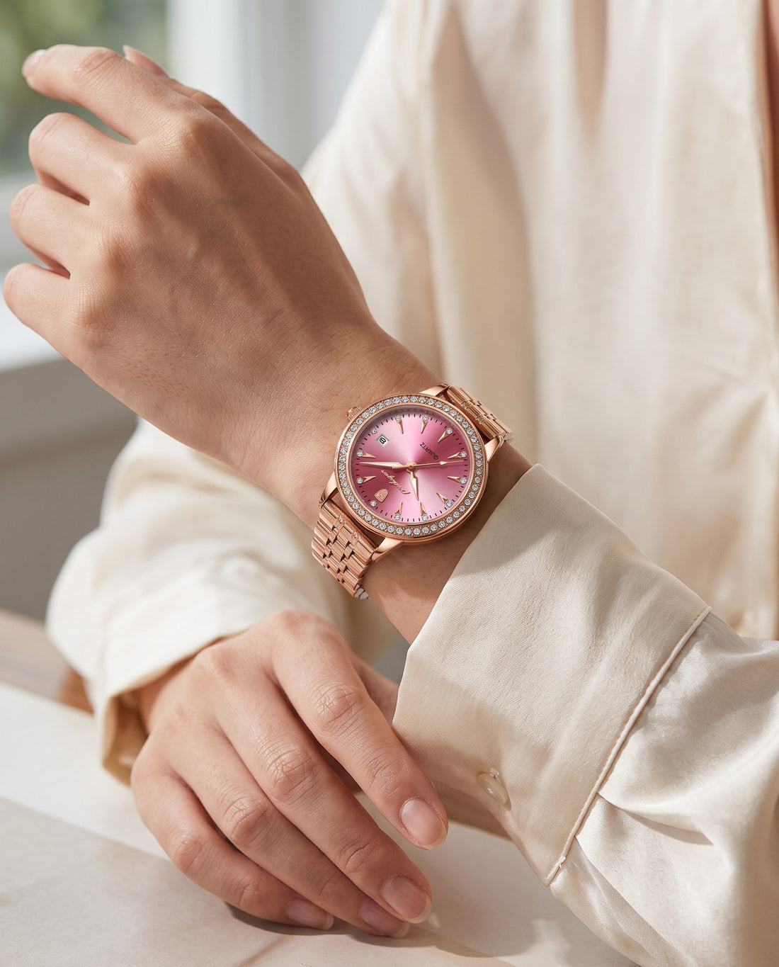 Sparkle Crystal Ladies Pink dial on the wrist