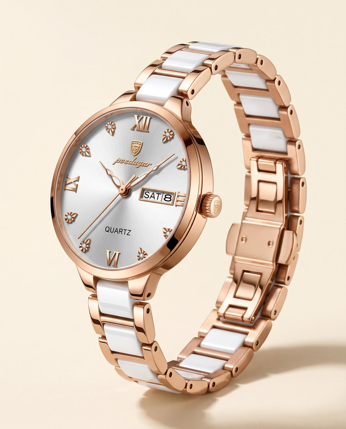 Pearl Ceramic Day-Date Rose Gold case, White dial hero