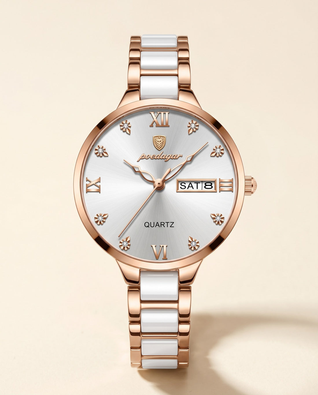 Pearl Ceramic Day-Date Rose Gold case, White dial front