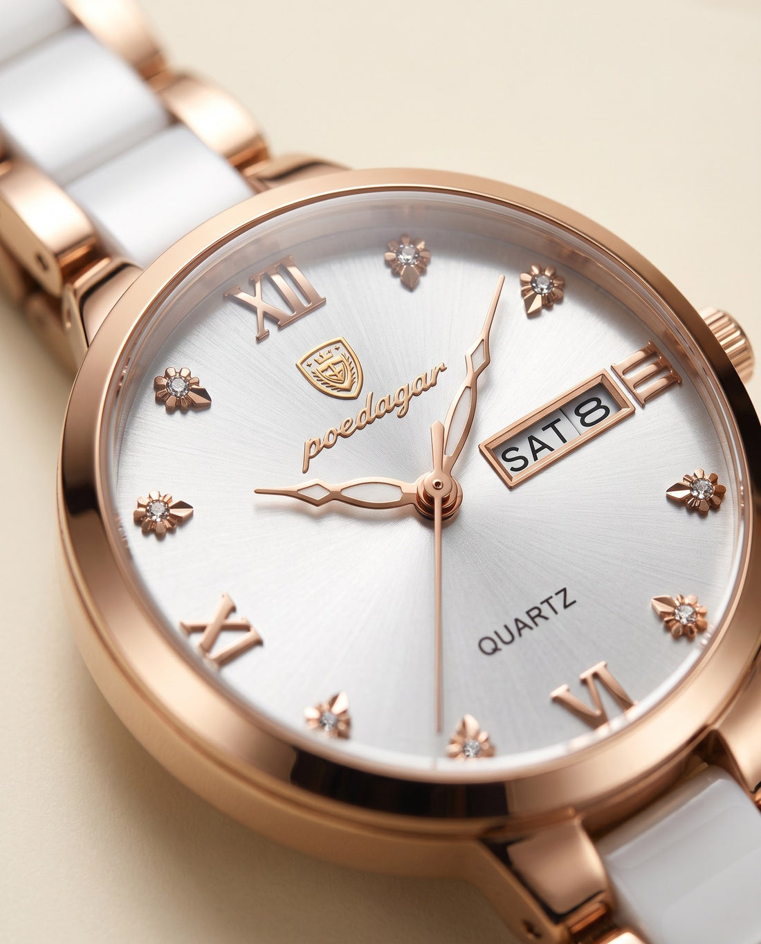 Pearl Ceramic Day-Date Rose Gold case, White dial dial close-up