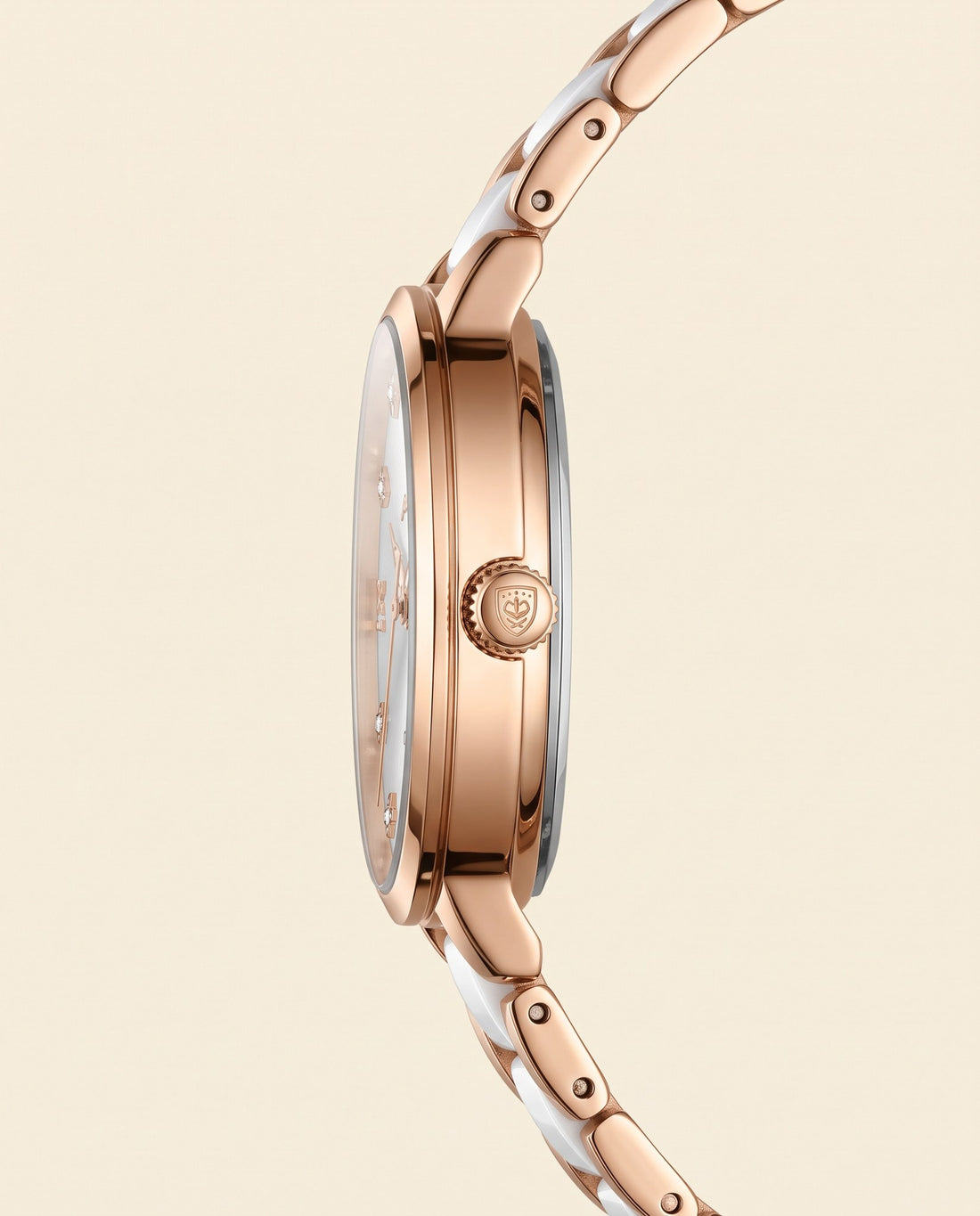 Pearl Ceramic Day-Date Rose Gold case, White dial crown side