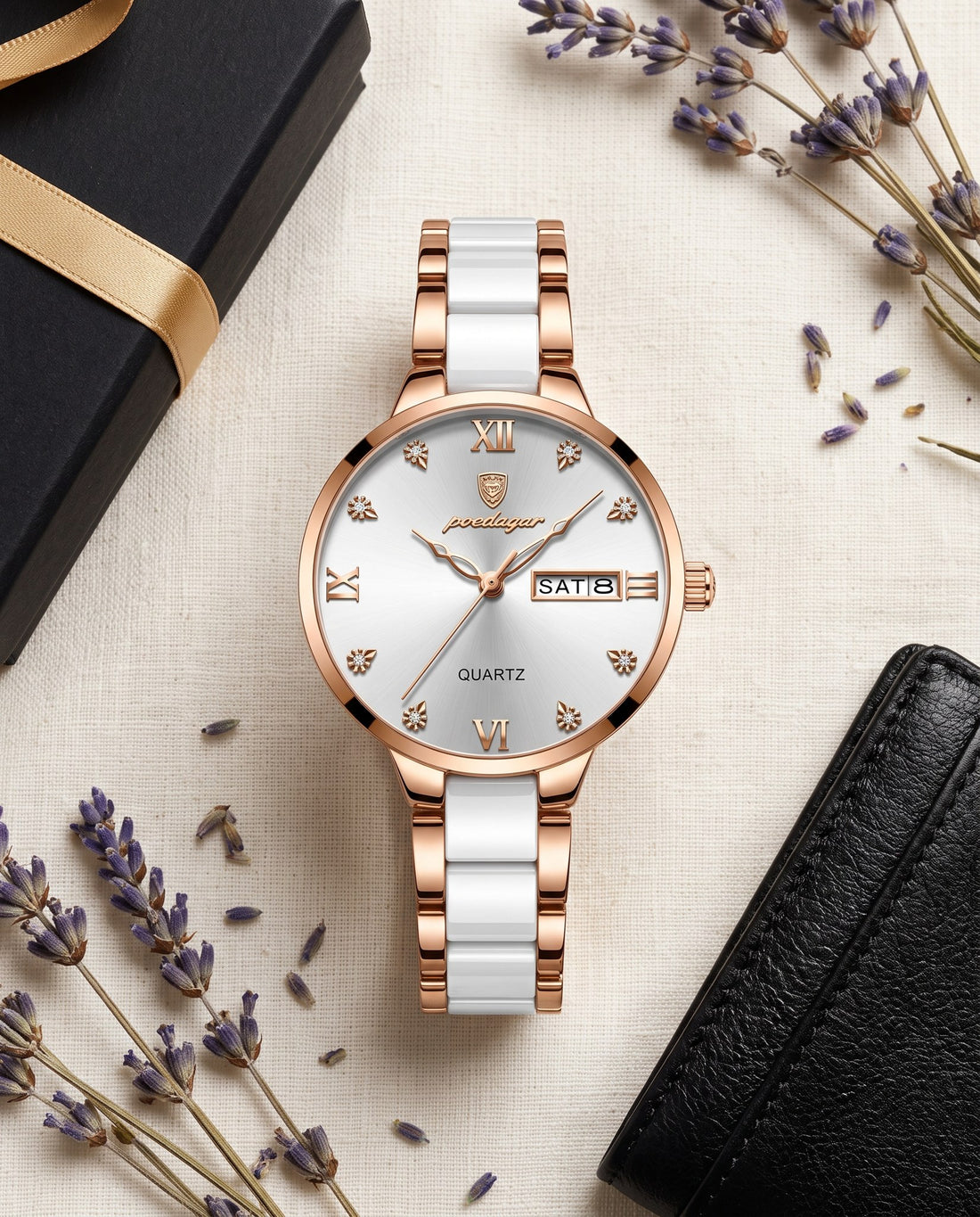 Pearl Ceramic Day-Date Rose Gold case, White dial flat lay