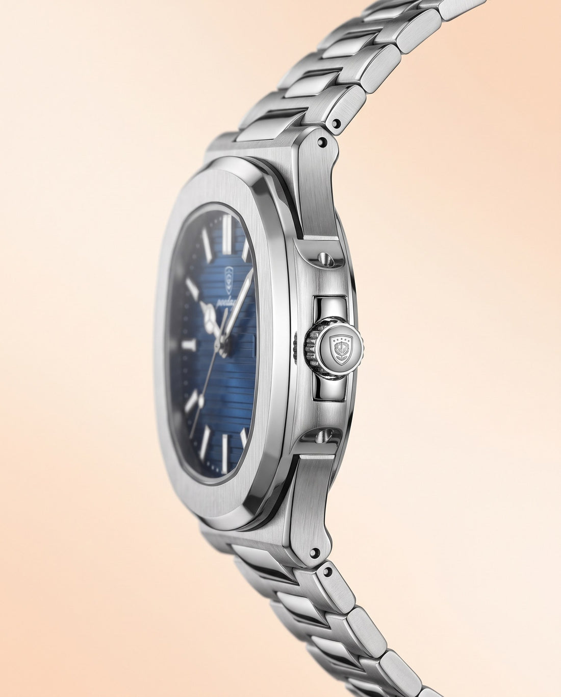 Blue Octagon Classic Silver case, Blue dial crown side