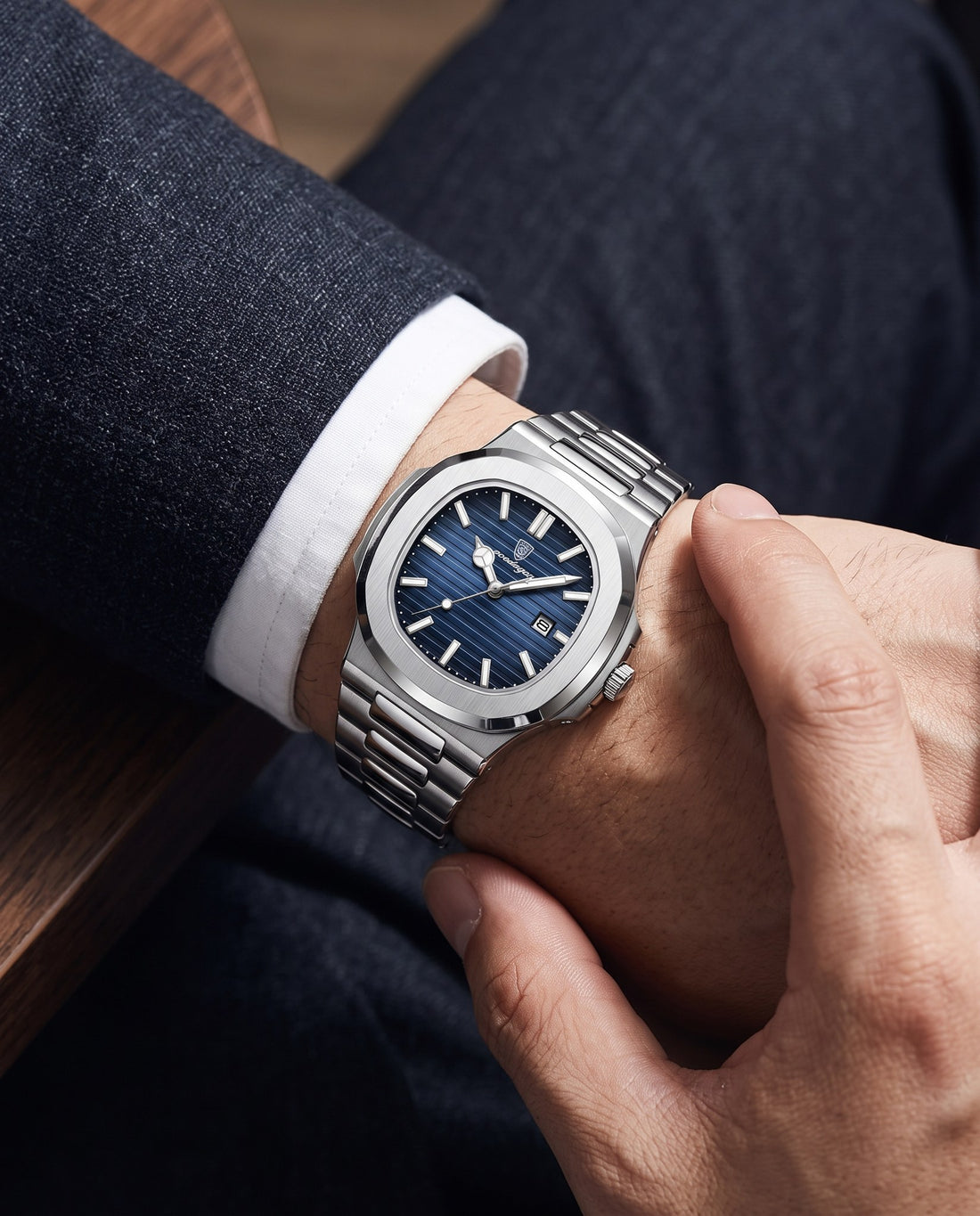 Blue Octagon Classic Silver case, Blue dial on the wrist