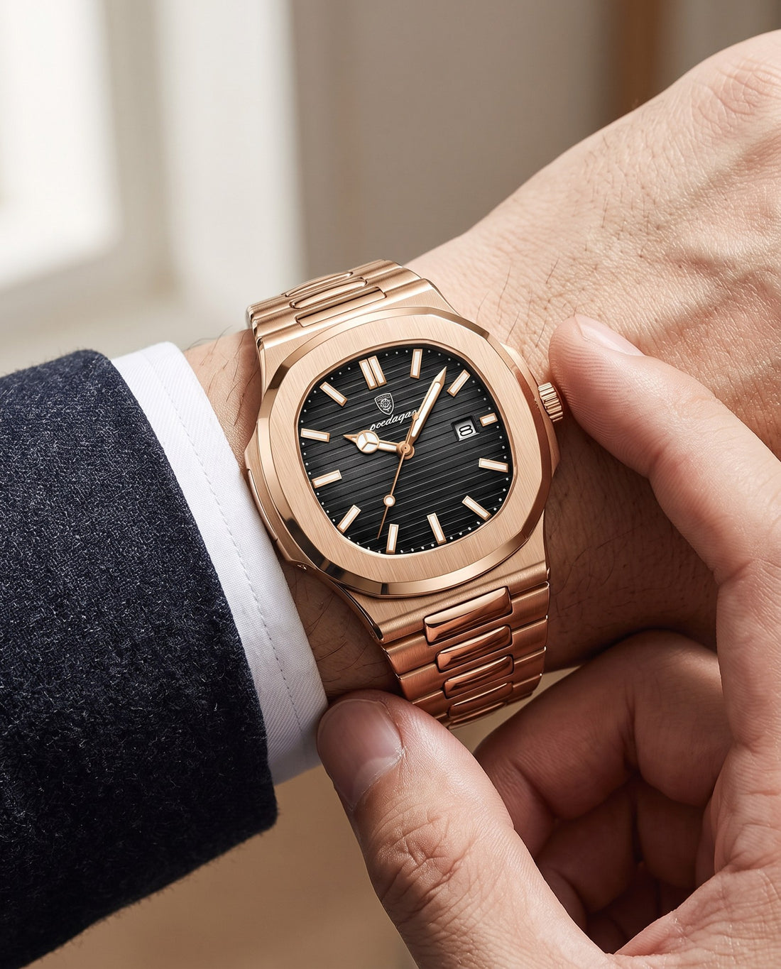 Blue Octagon Classic Rose Gold case, Black dial on the wrist