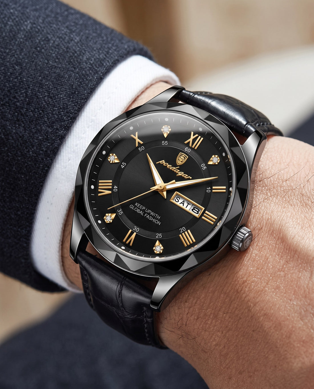 Regent Roman Leather Day-Date Black case, Black dial on the wrist