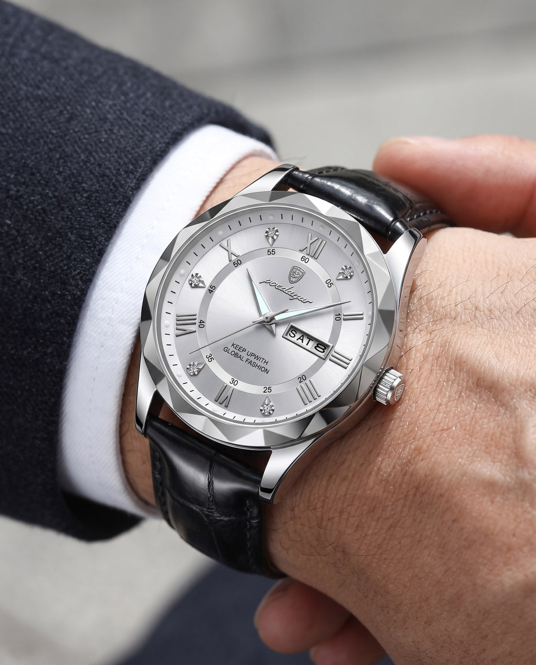 Regent Roman Leather Day-Date Silver case, White dial on the wrist
