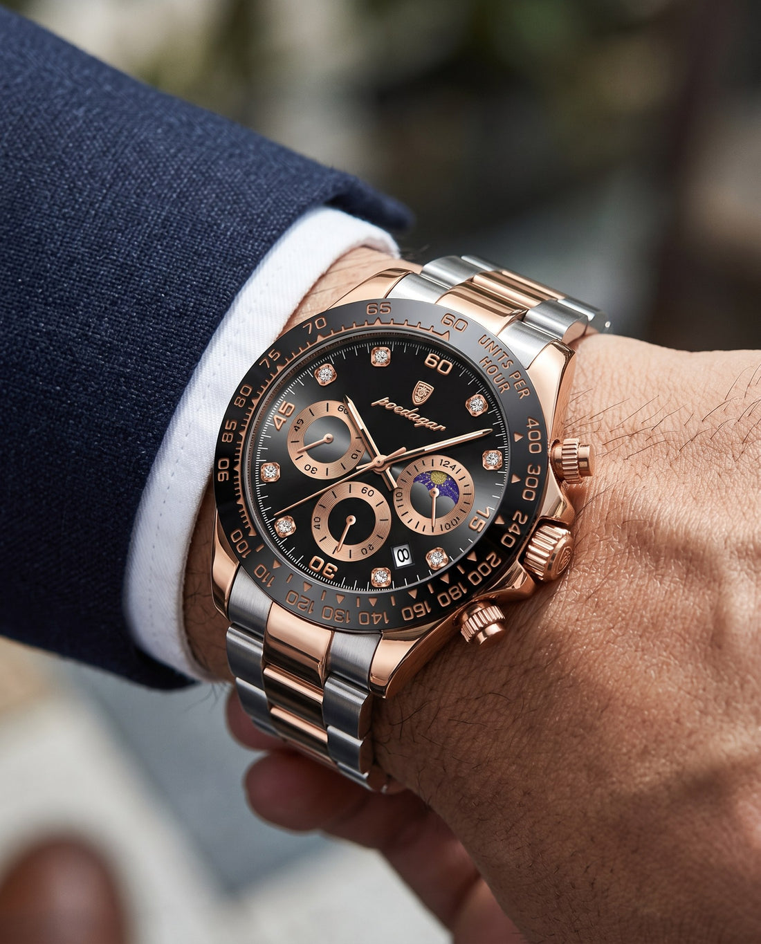 Rose Racer Chronograph Rose Gold case, Black dial on the wrist