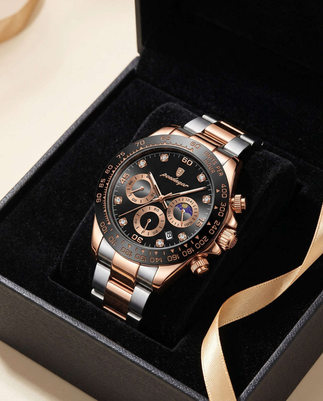 Rose Racer Chronograph Rose Gold case, Black dial in the gift box