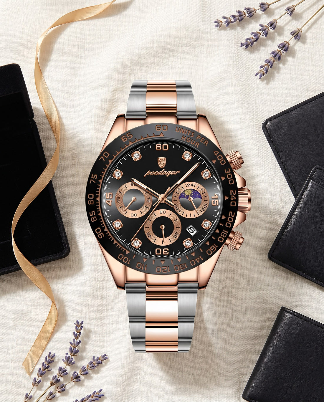 Rose Racer Chronograph Rose Gold case, Black dial flat lay