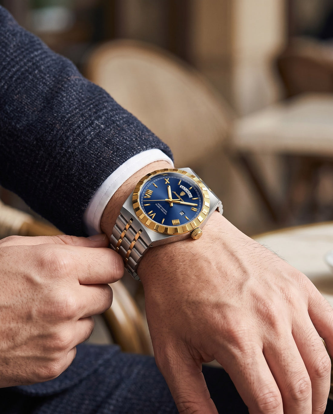Crown Day-Date Two-Tone Gold case, Blue dial on the wrist