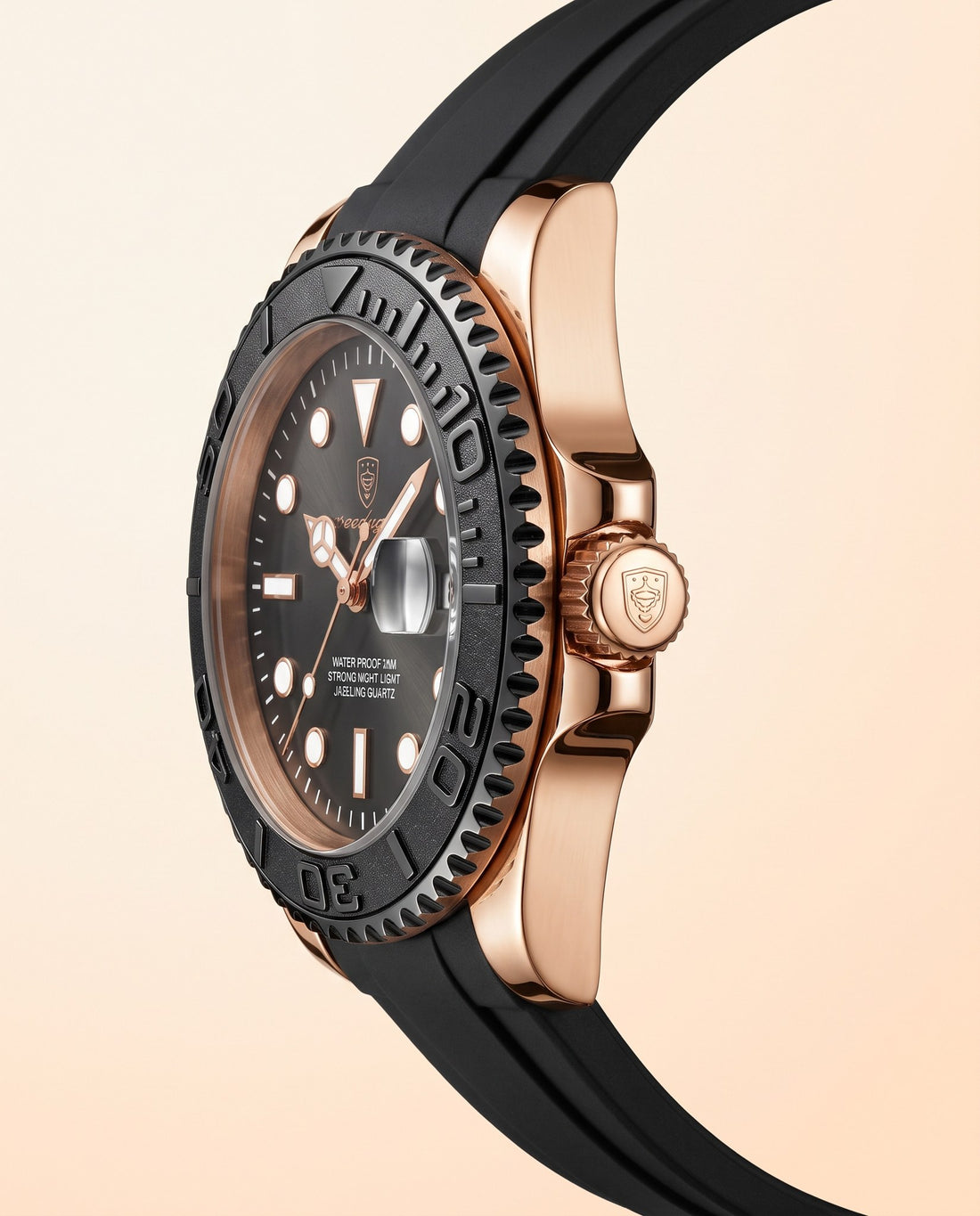 Mariner Diver Rose Gold case, Black dial crown side