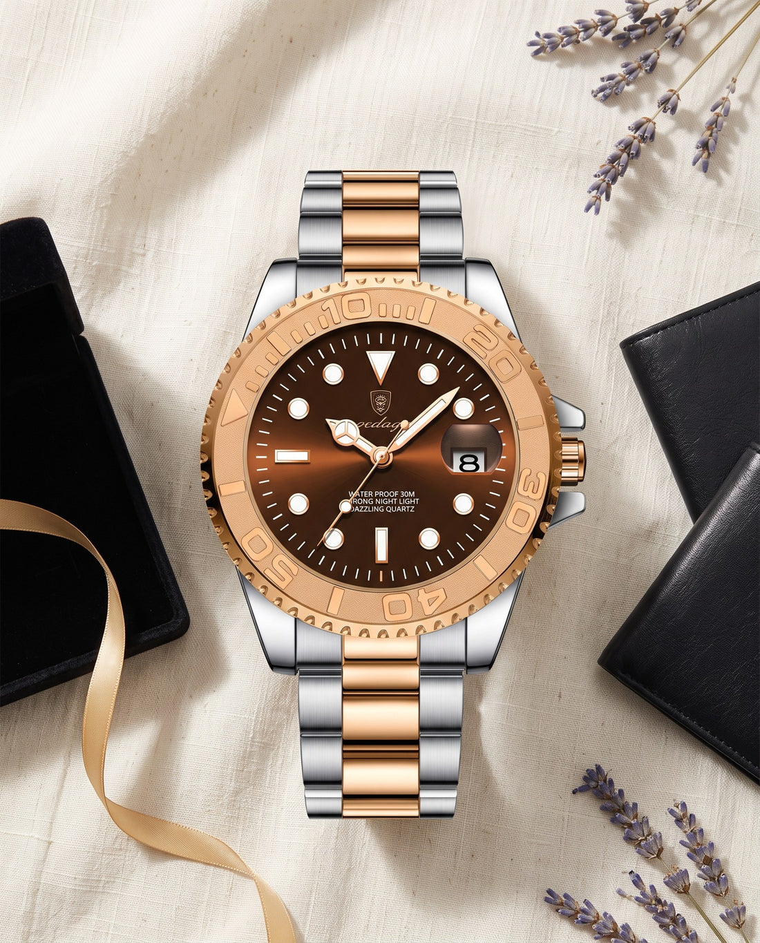 Mariner Diver (Steel) Rose Gold case, Coffee dial flat lay