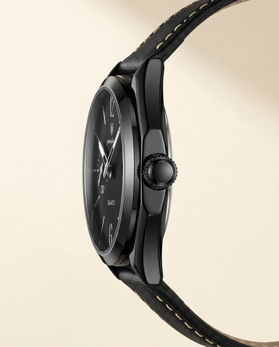 Heritage Leather Classic Black case, Black dial crown side