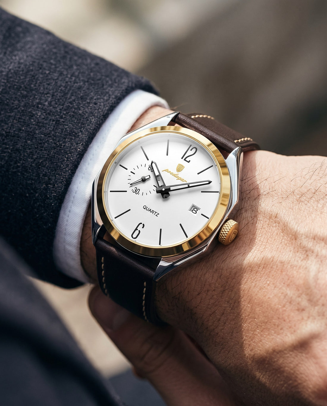 Heritage Leather Classic Gold case, White dial on the wrist