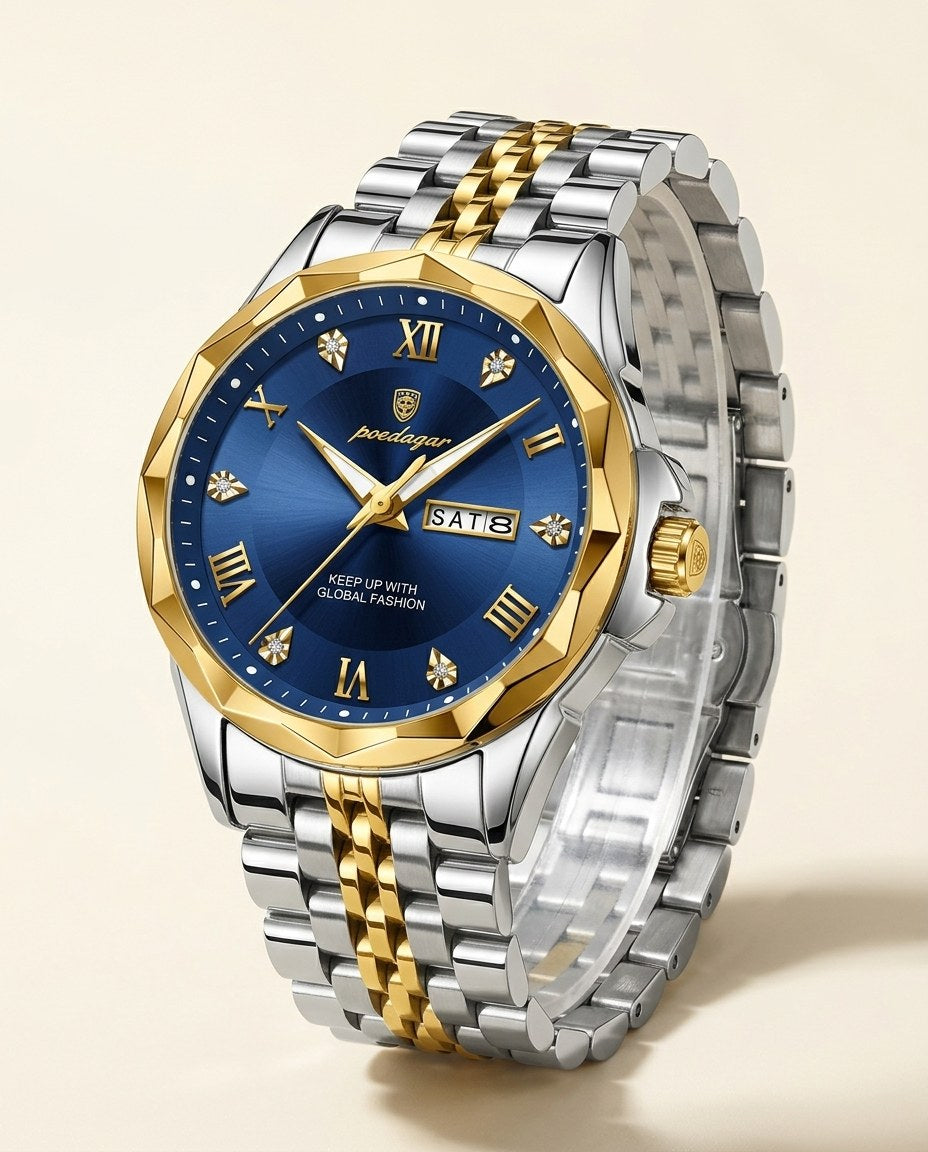 Diamond-Cut Day-Date Gold case, Blue dial