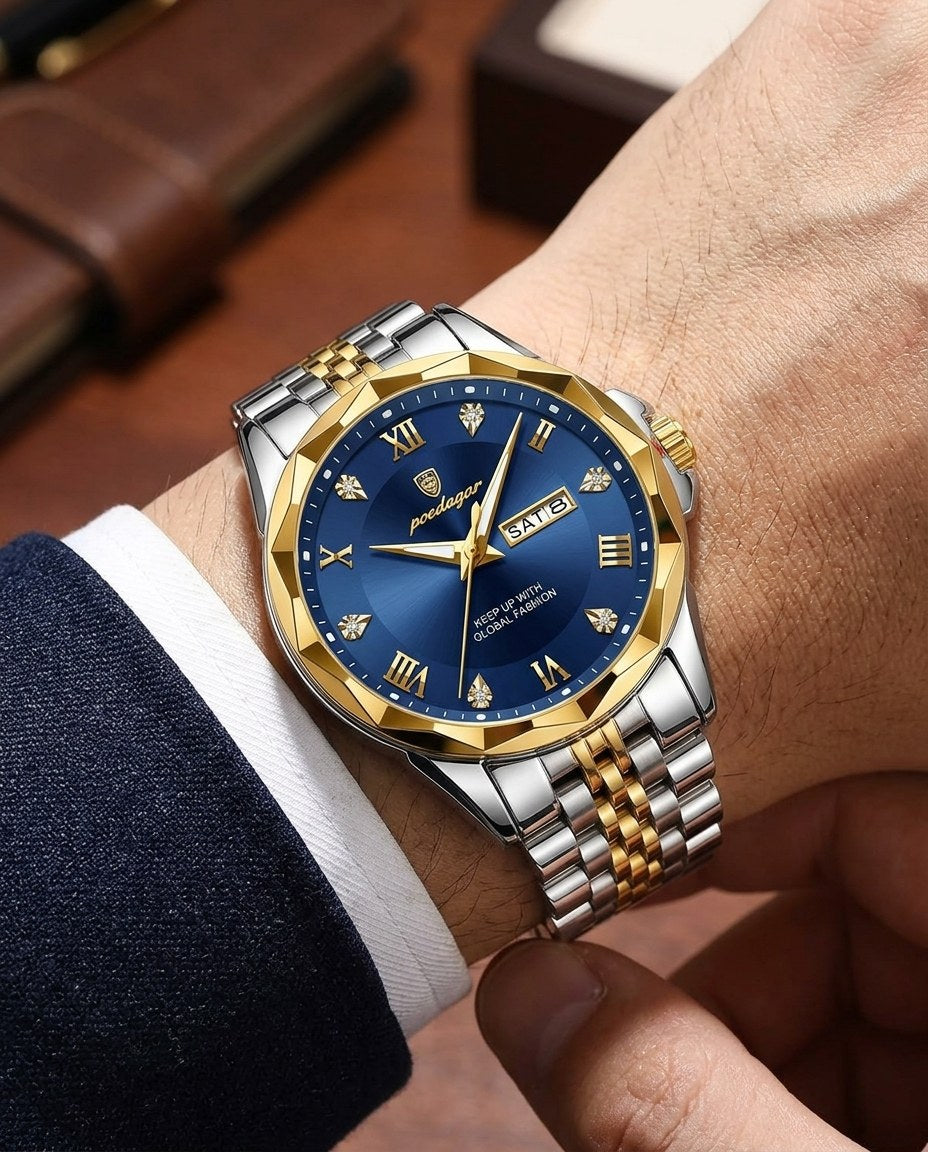 Diamond-Cut Day-Date Gold case, Blue dial on the wrist