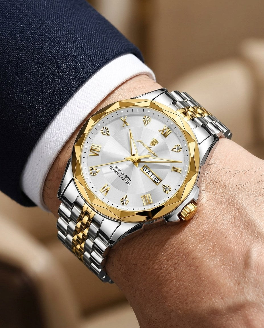 Diamond-Cut Day-Date Gold case, White dial on the wrist