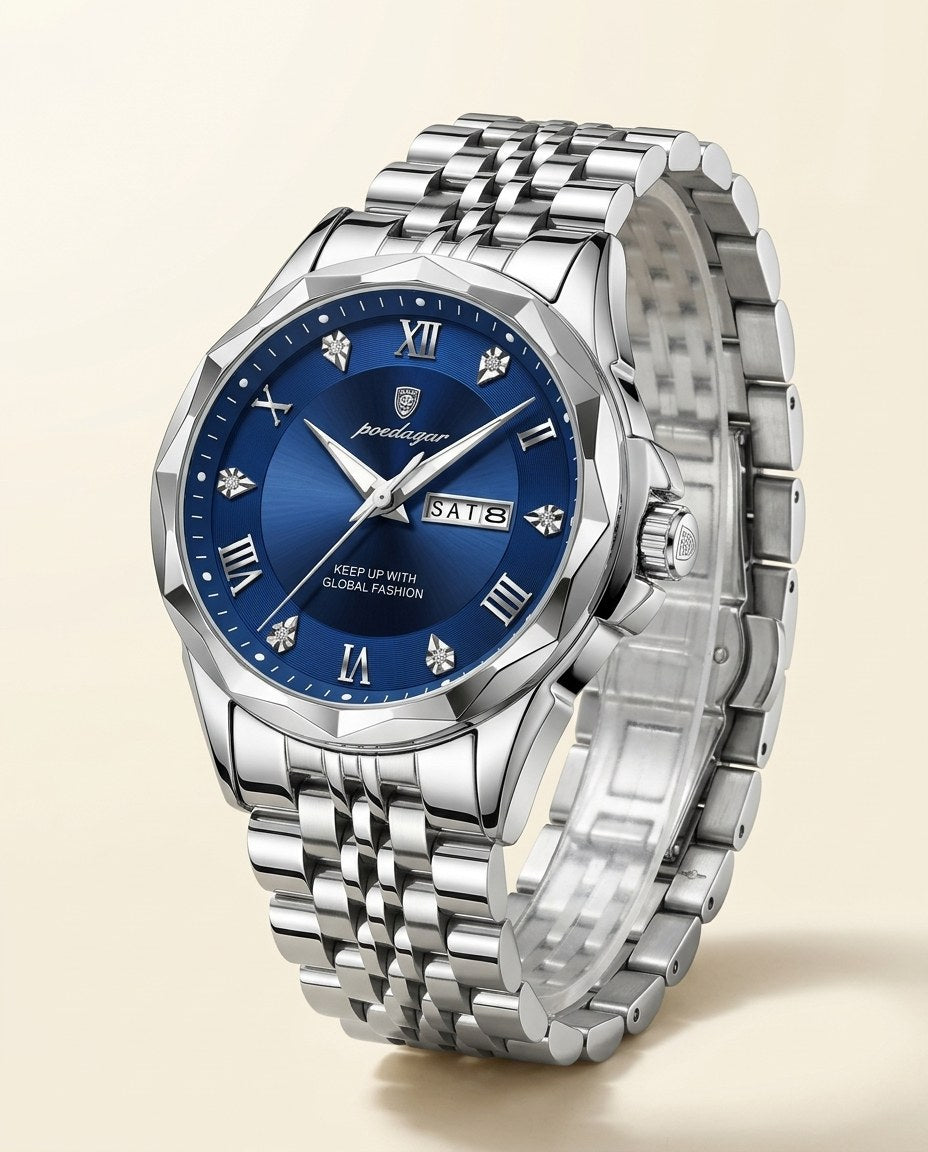 Diamond-Cut Day-Date Silver case, Blue dial