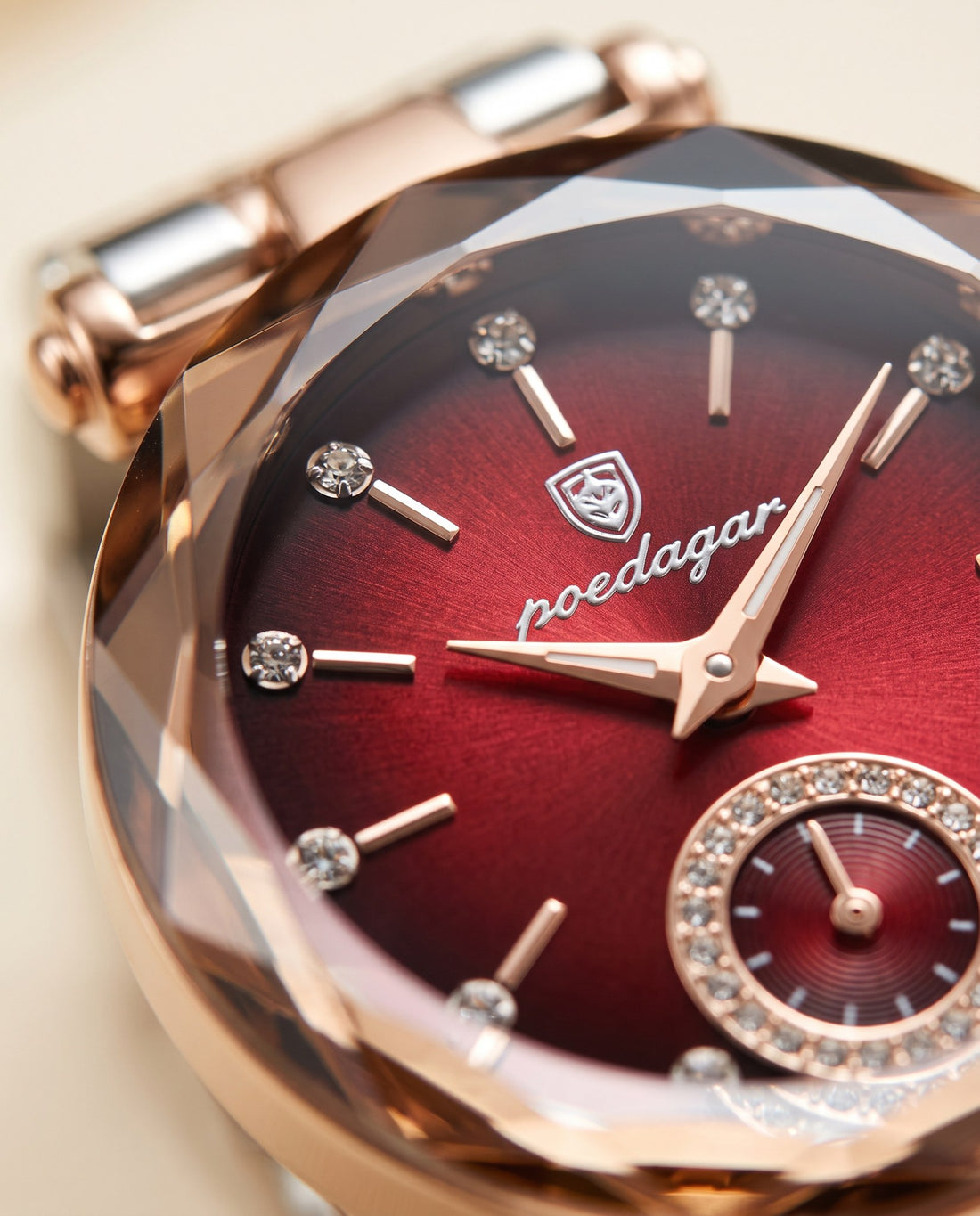 Prism Diamond-Cut Ladies Red dial, two-tone bracelet dial close-up