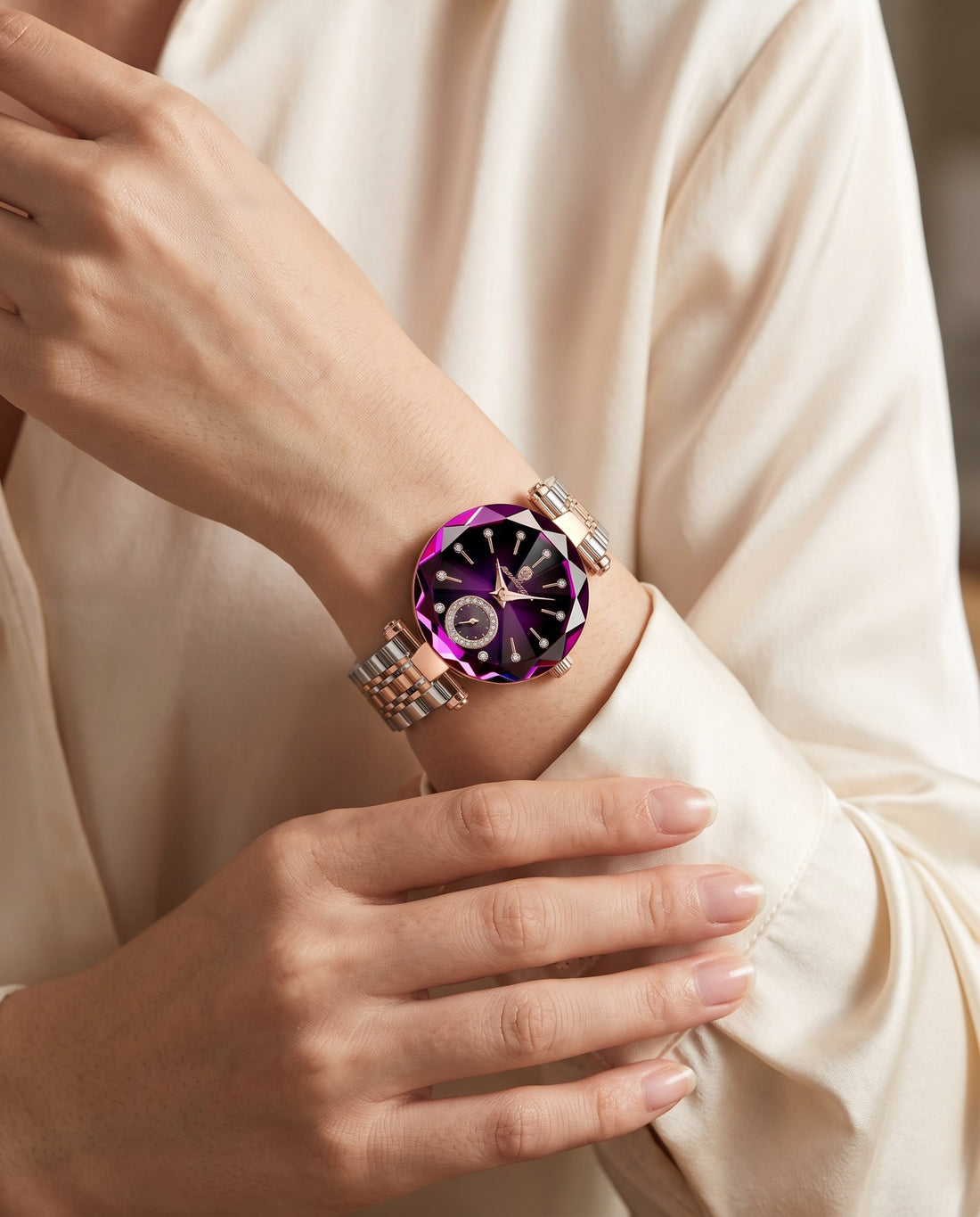 Prism Diamond-Cut Ladies Purple dial, two-tone bracelet on the wrist