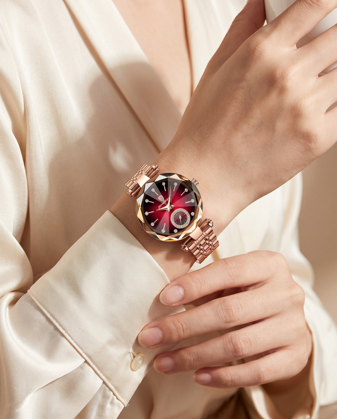 Prism Diamond-Cut Ladies Red dial, rose gold bracelet on the wrist