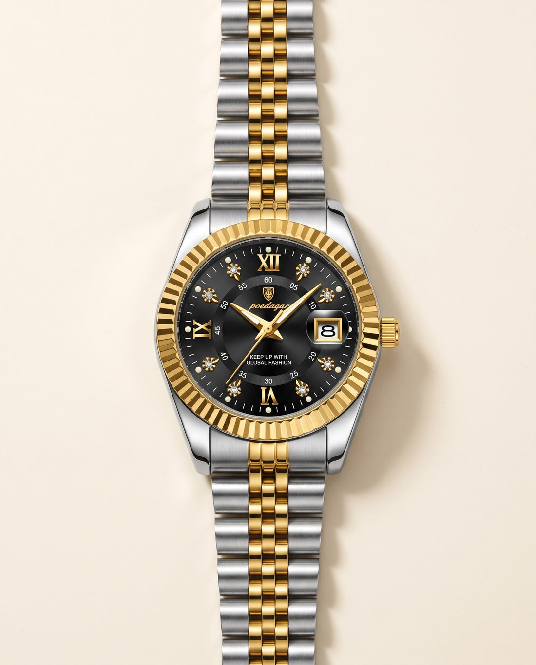 Petite Fluted Ladies Gold case, Black dial front