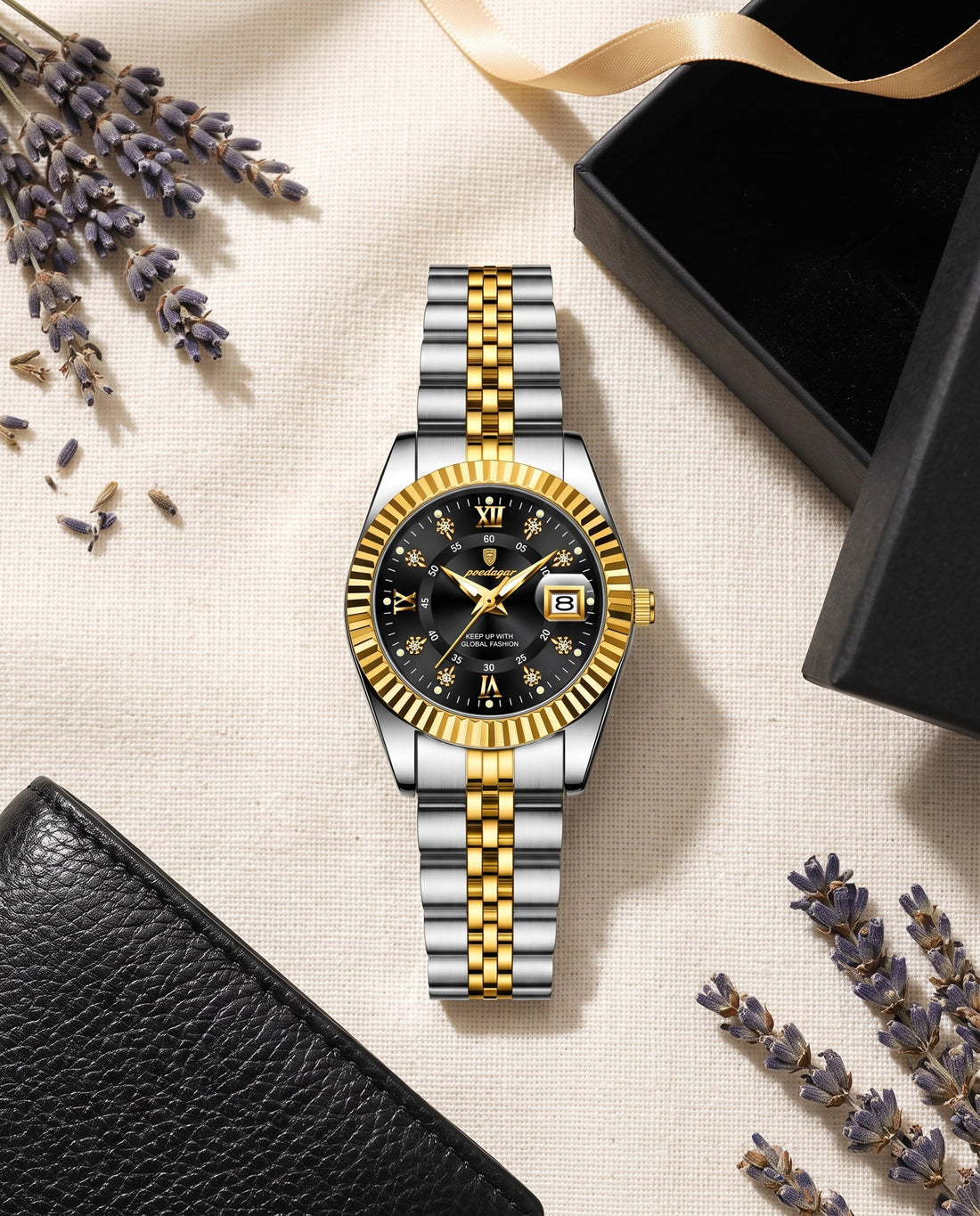 Petite Fluted Ladies Gold case, Black dial flat lay