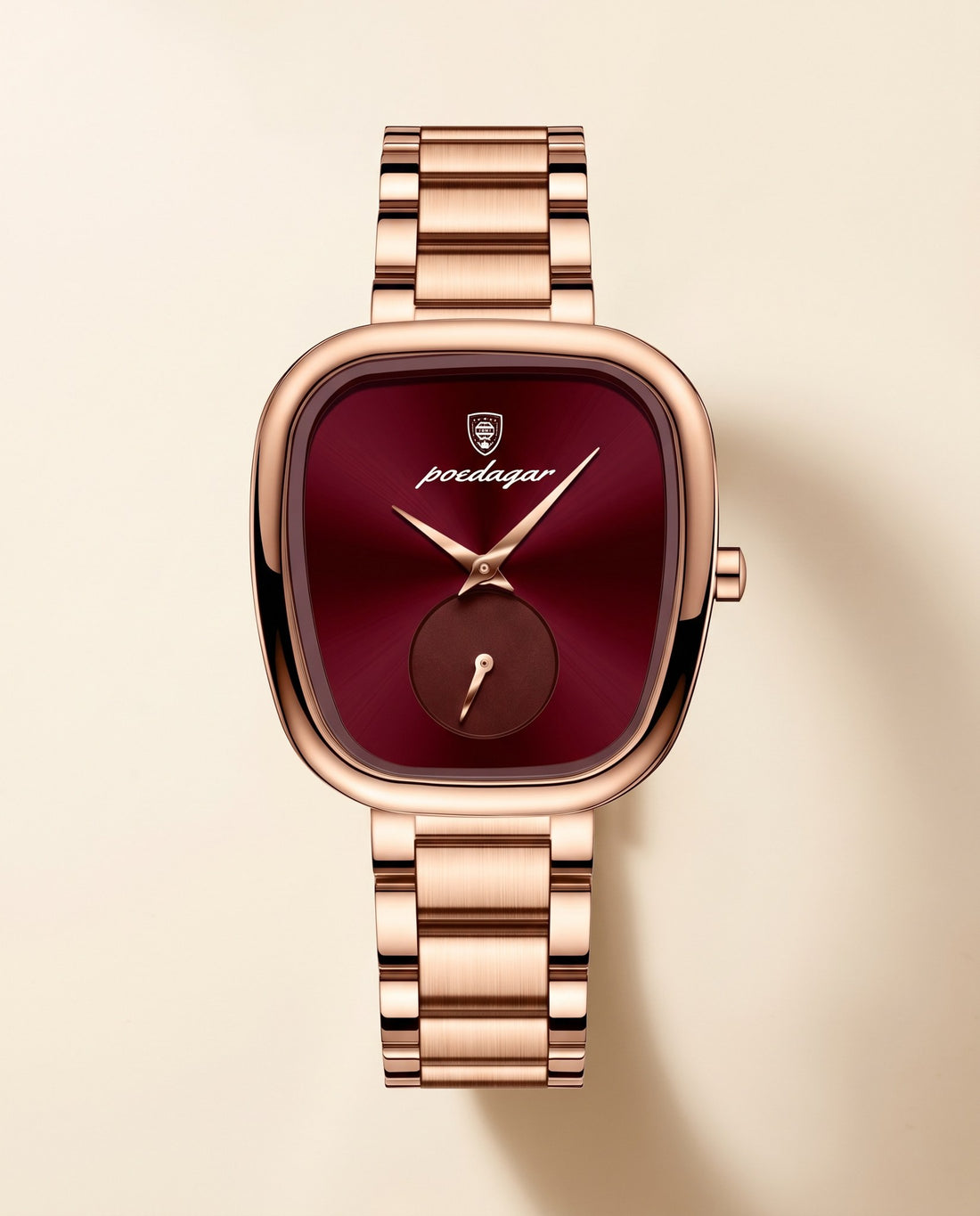 Rose Cushion Square Rose Gold case, Red dial front