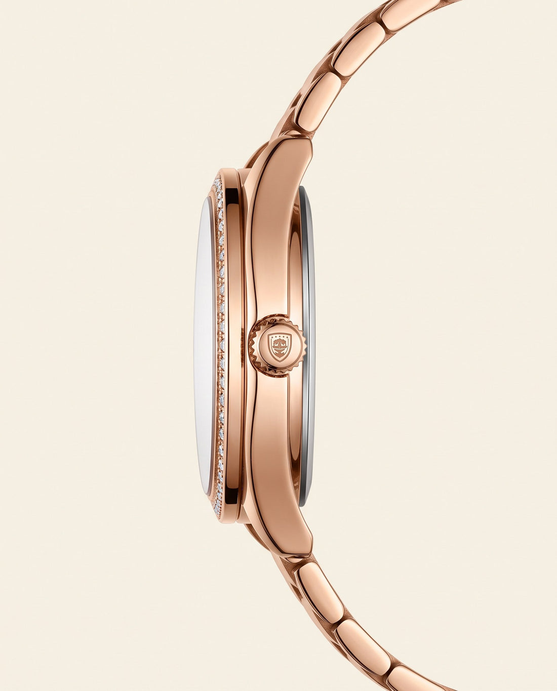 Rose Cushion Square Rose Gold case, Red dial crown side