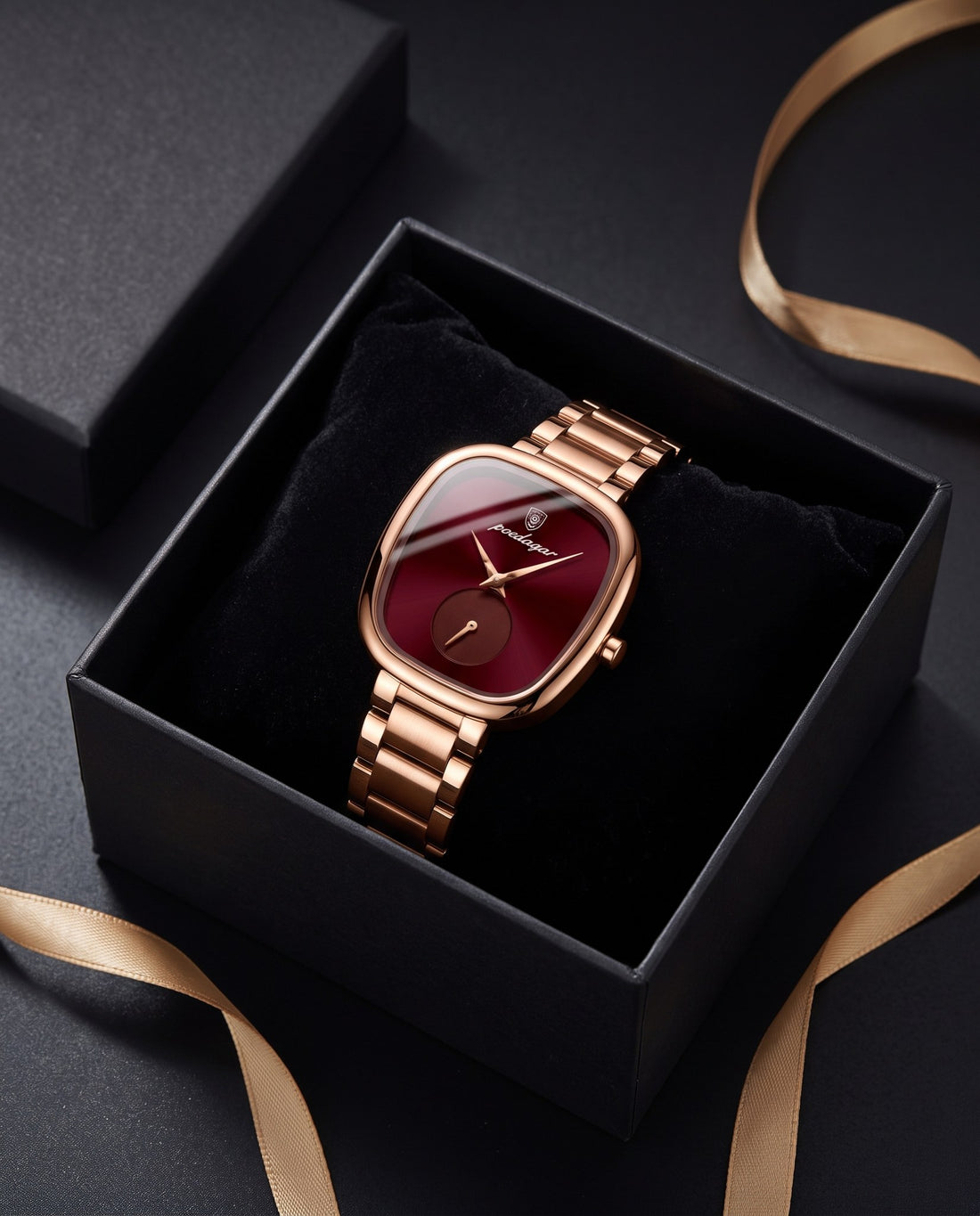 Rose Cushion Square Rose Gold case, Red dial in the gift box