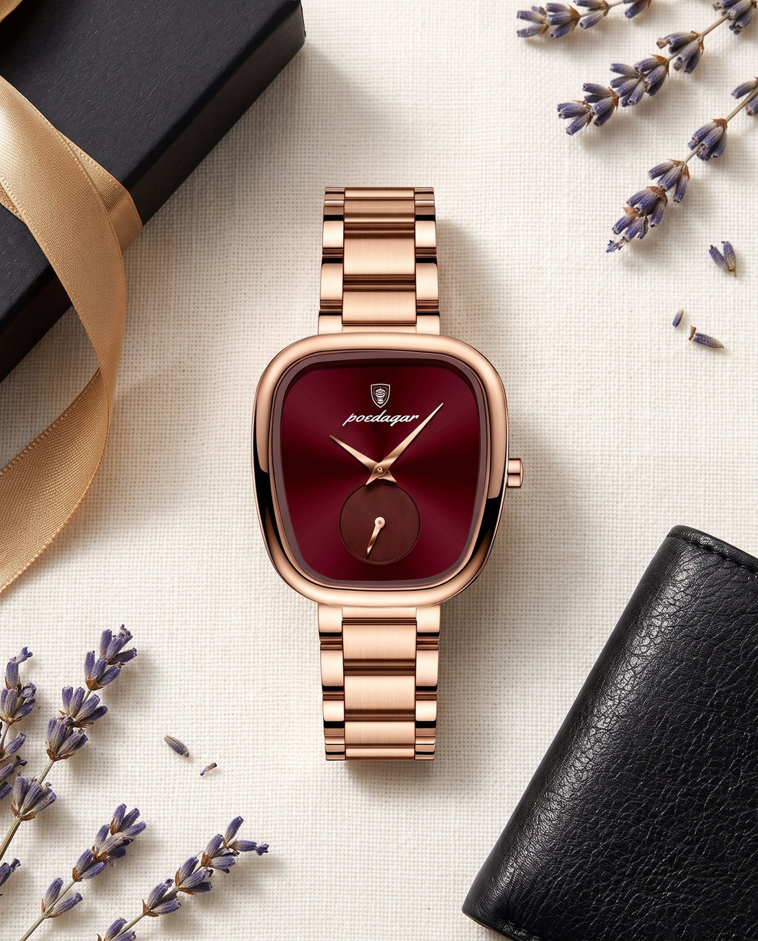 Rose Cushion Square Rose Gold case, Red dial flat lay