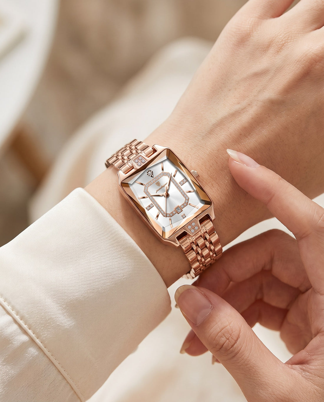 Gem Rectangle Ladies Gold case, White dial on the wrist