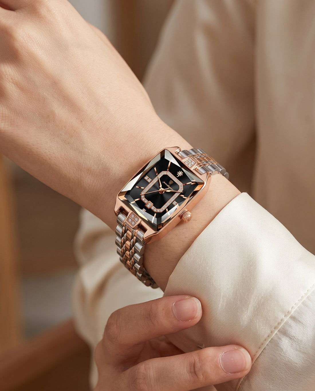 Gem Rectangle Ladies Gold case, Black dial on the wrist