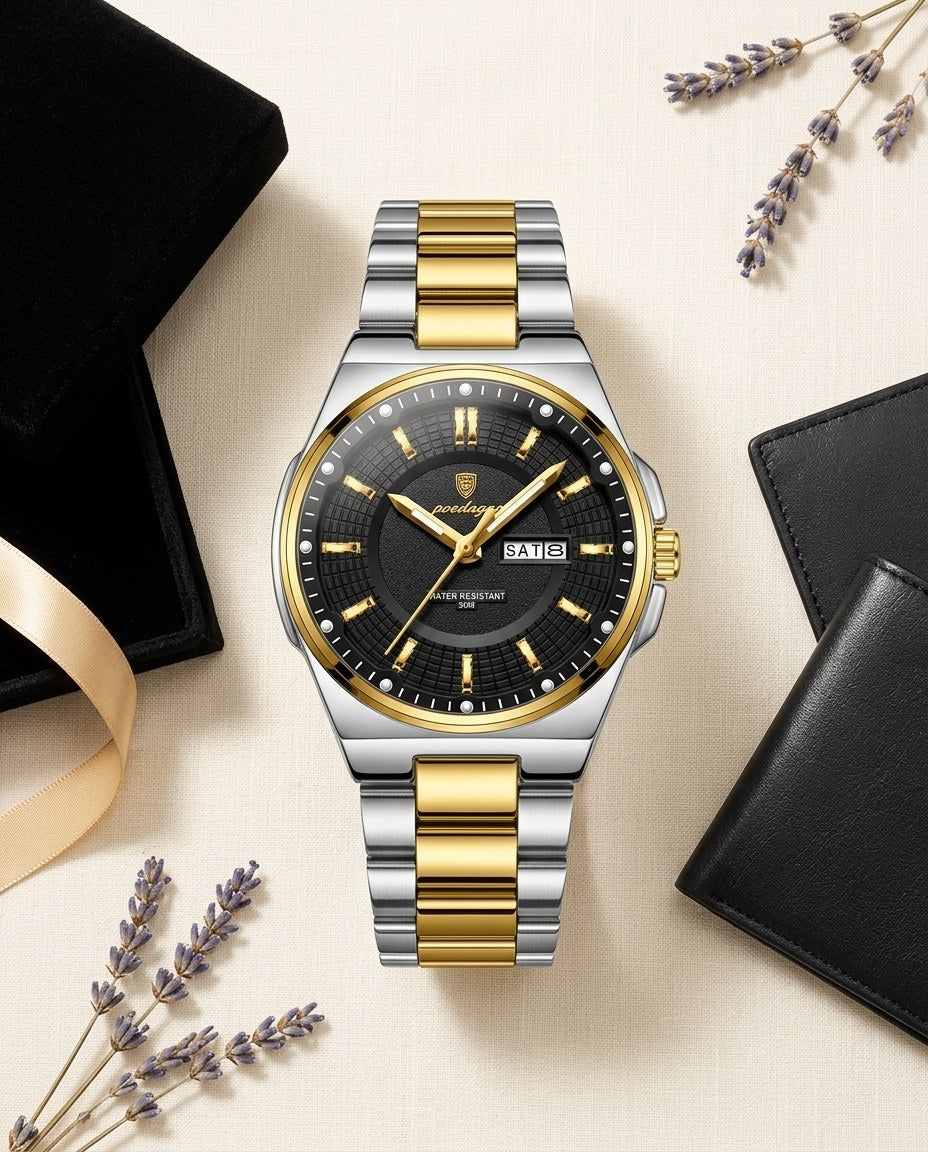 Grace Two-Tone Ladies Day-Date Gold case, Black dial flat lay